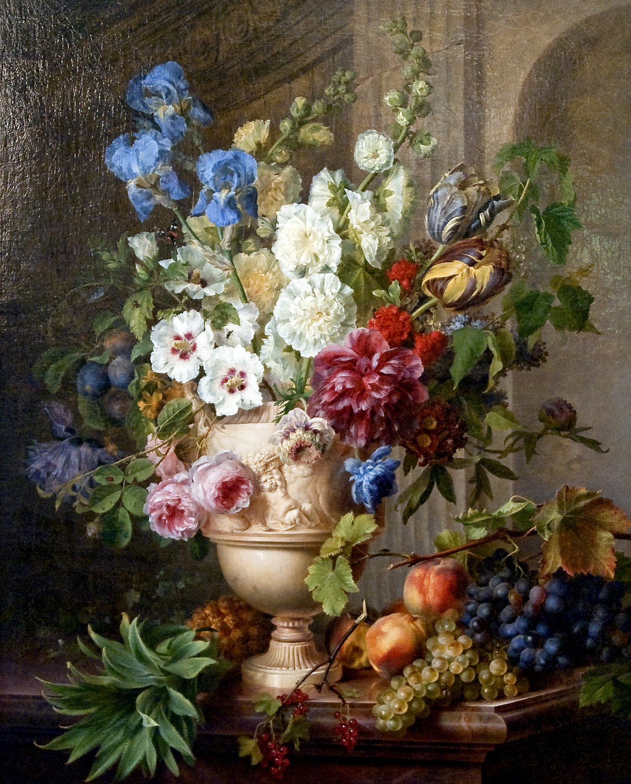 Des fleurs dans un vase en albâtre avec des fruits posés sur un plateau en marbre by Gerard van Spaendonck