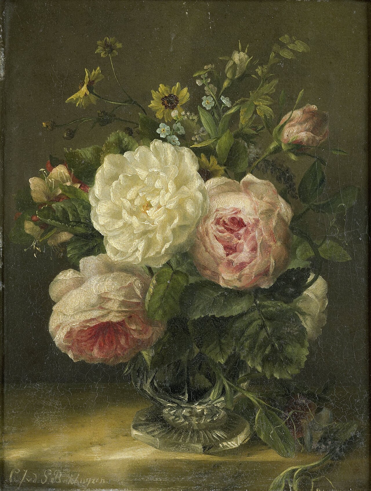 Still-life with flowers in a chrystal vase by Gerardina Jacoba van de Sande Bakhuyzen