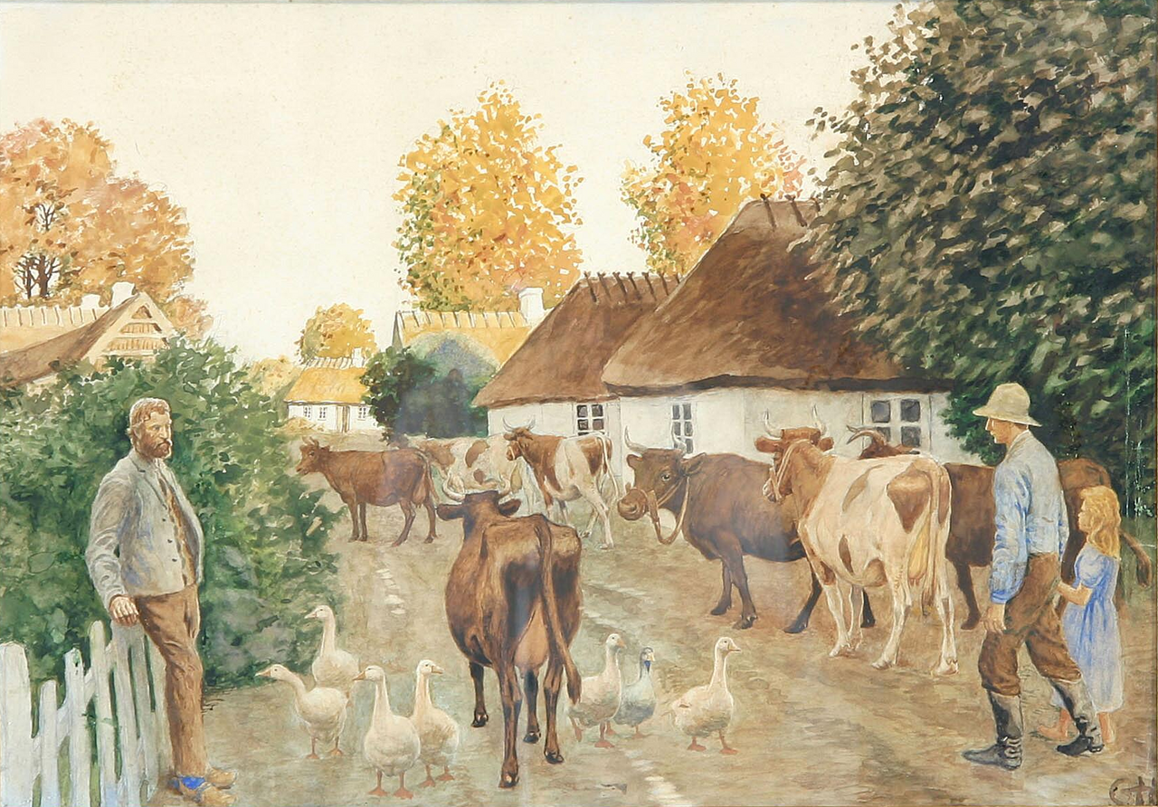 Village scenery with cows, geese and people. by Gerhard Heilmann