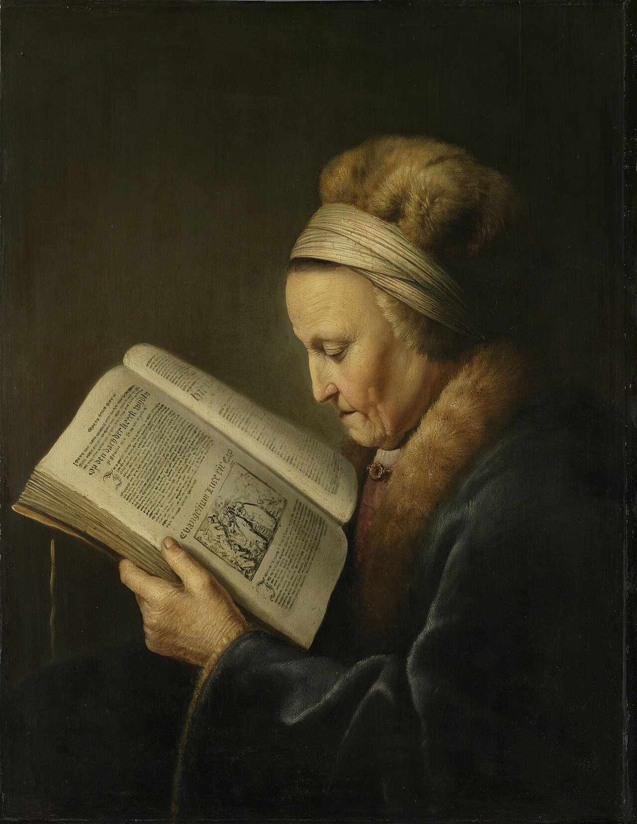 Portrait of an old woman reading by Gerrit Dou
