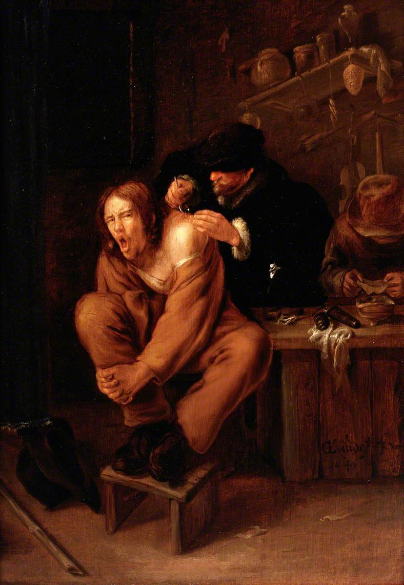 A Surgeon Applying Medicine to a Wound in the Shoulder of a Man in Pain by Gerrit Lundens