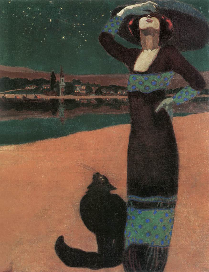 Slim Woman with a Cat by Géza Faragó