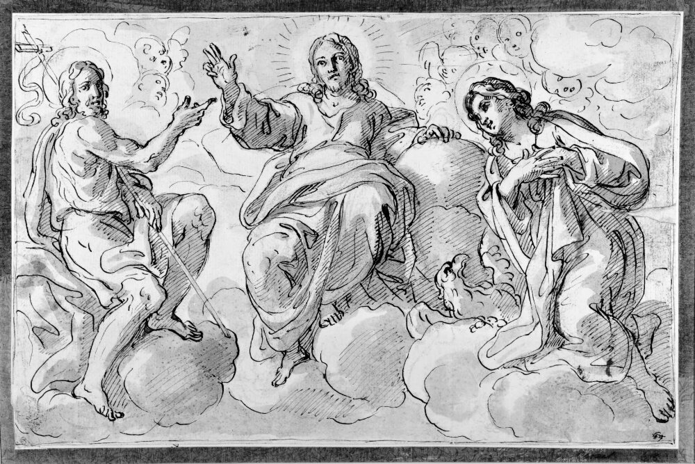 Christ in the sky surrounded by St. John the Baptist and St. John the Evangelist by Giacinto Calandrucci