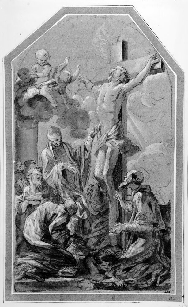 Christ on the cross surrounded by S. Francesco Saverio and S. Francesco de Sales by Giacinto Gimignani