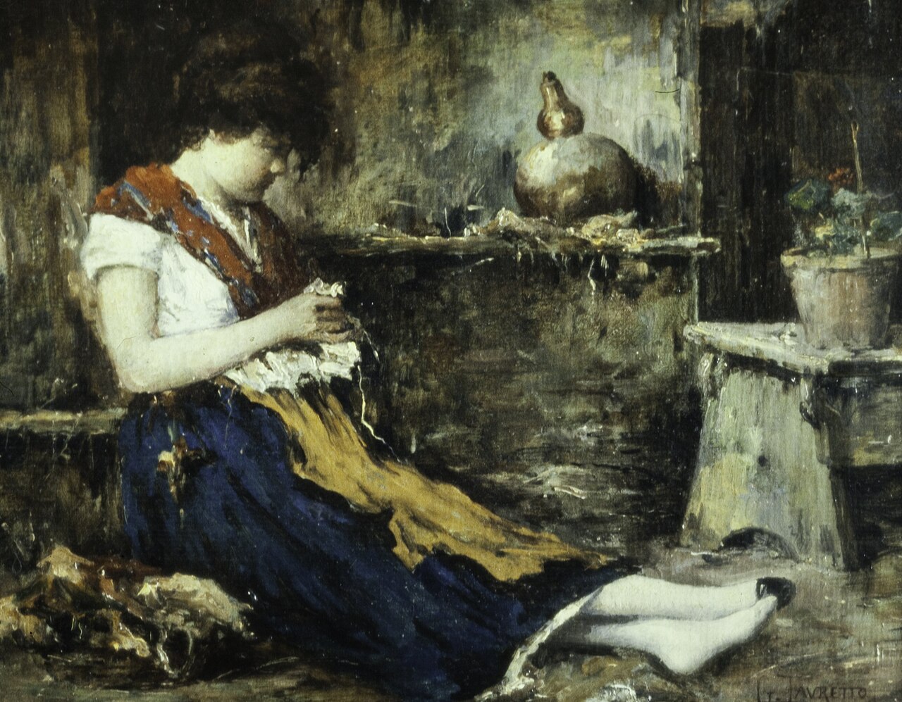 Seated woman, sewing by Giacomo Favretto