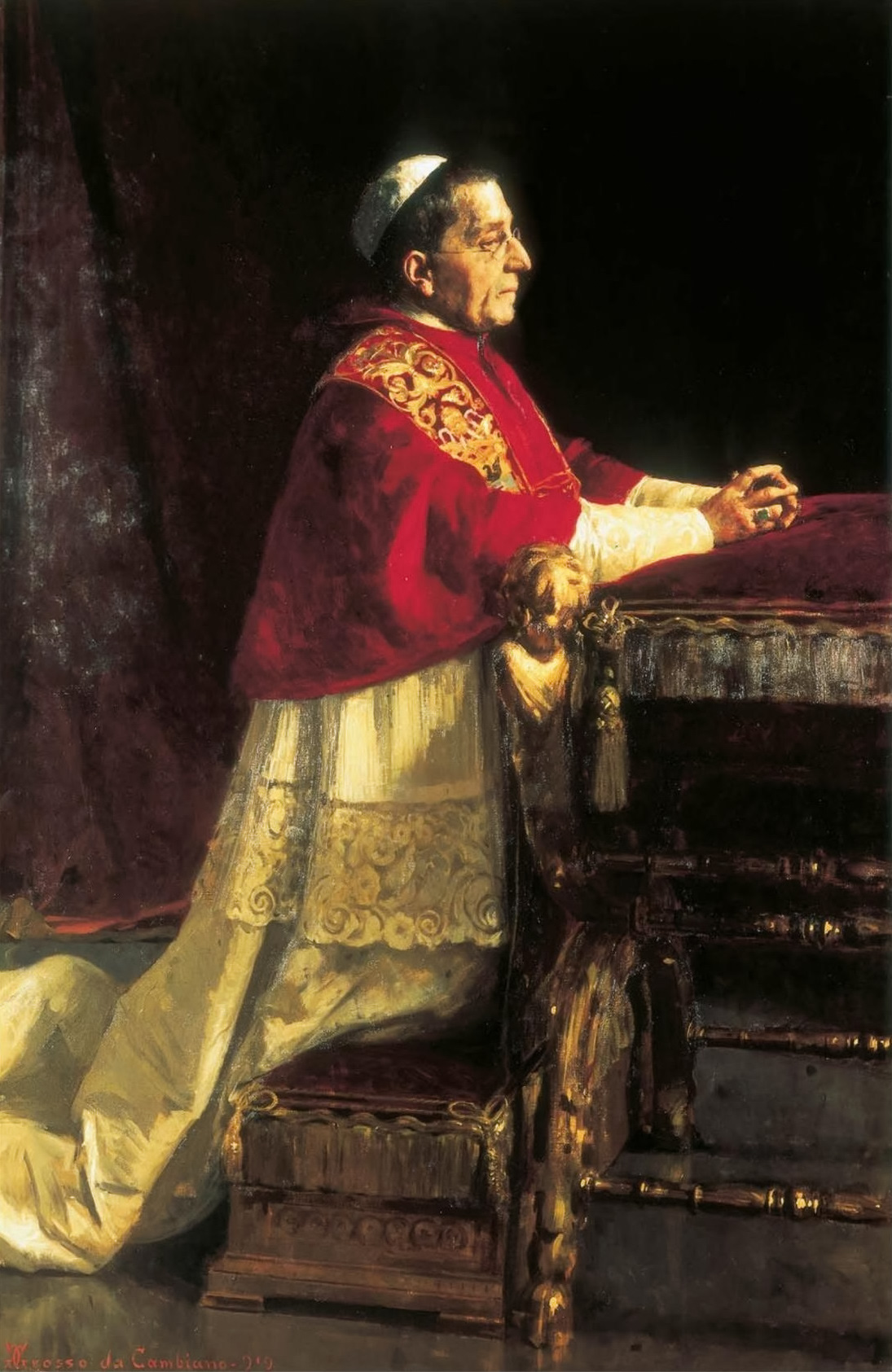 Portrait of Benedict XV praying at the faldstool by Giacomo Grosso