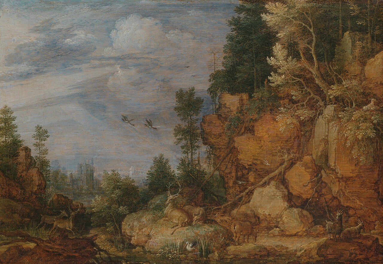 Rocky landscape with deer and goats by Gillis d'Hondecoeter