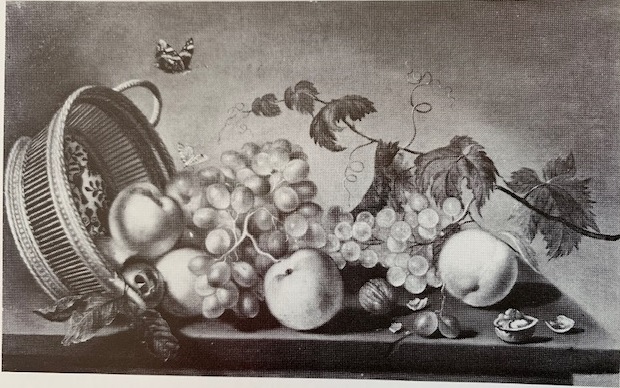 Still life of an upturned basket of fruit by Gillis Gillisz. de Bergh