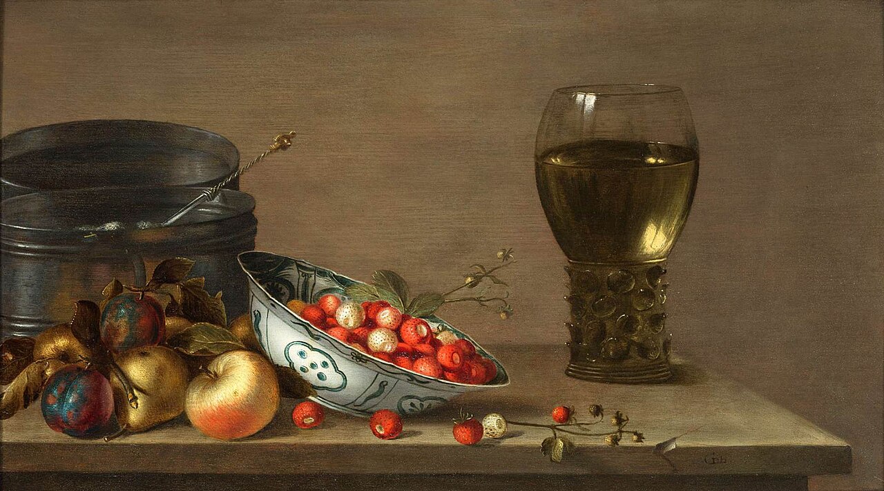 Still life with apples, strawberries, a can and a rummer by Gillis Gillisz. de Bergh