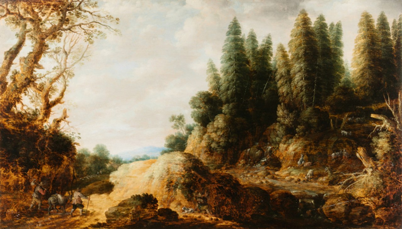 Wooded landscape with hikers, mule and goats by Gillis Peeters
