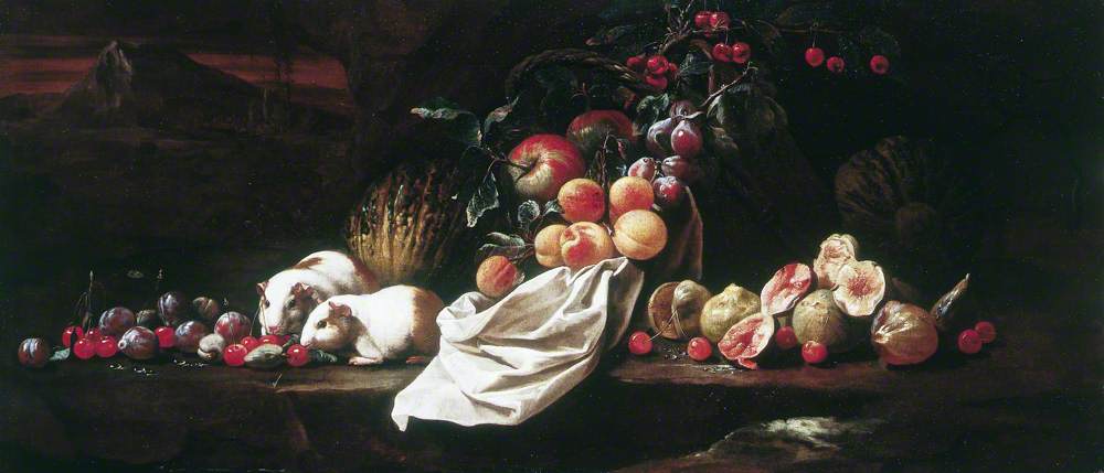 Still Life with Figs, Cherries, Plums and Two Guinea Pigs by Giovan Battista Ruoppolo