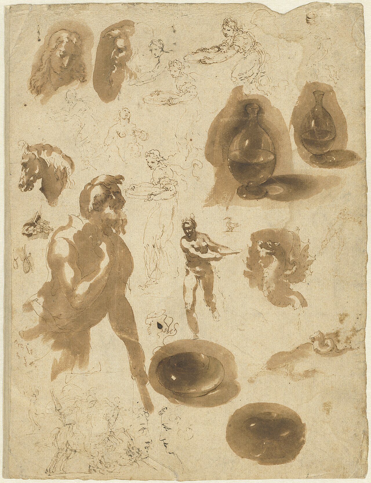 Studies of Glass Jars and Figures (recto) by Giovanni Ambrogio Figino