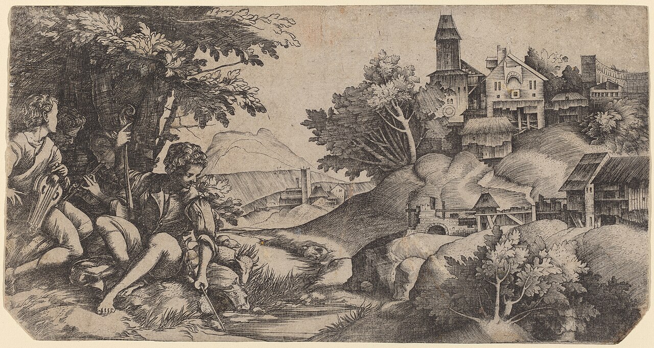 Shepherds in a Landscape by Giulio Campagnola