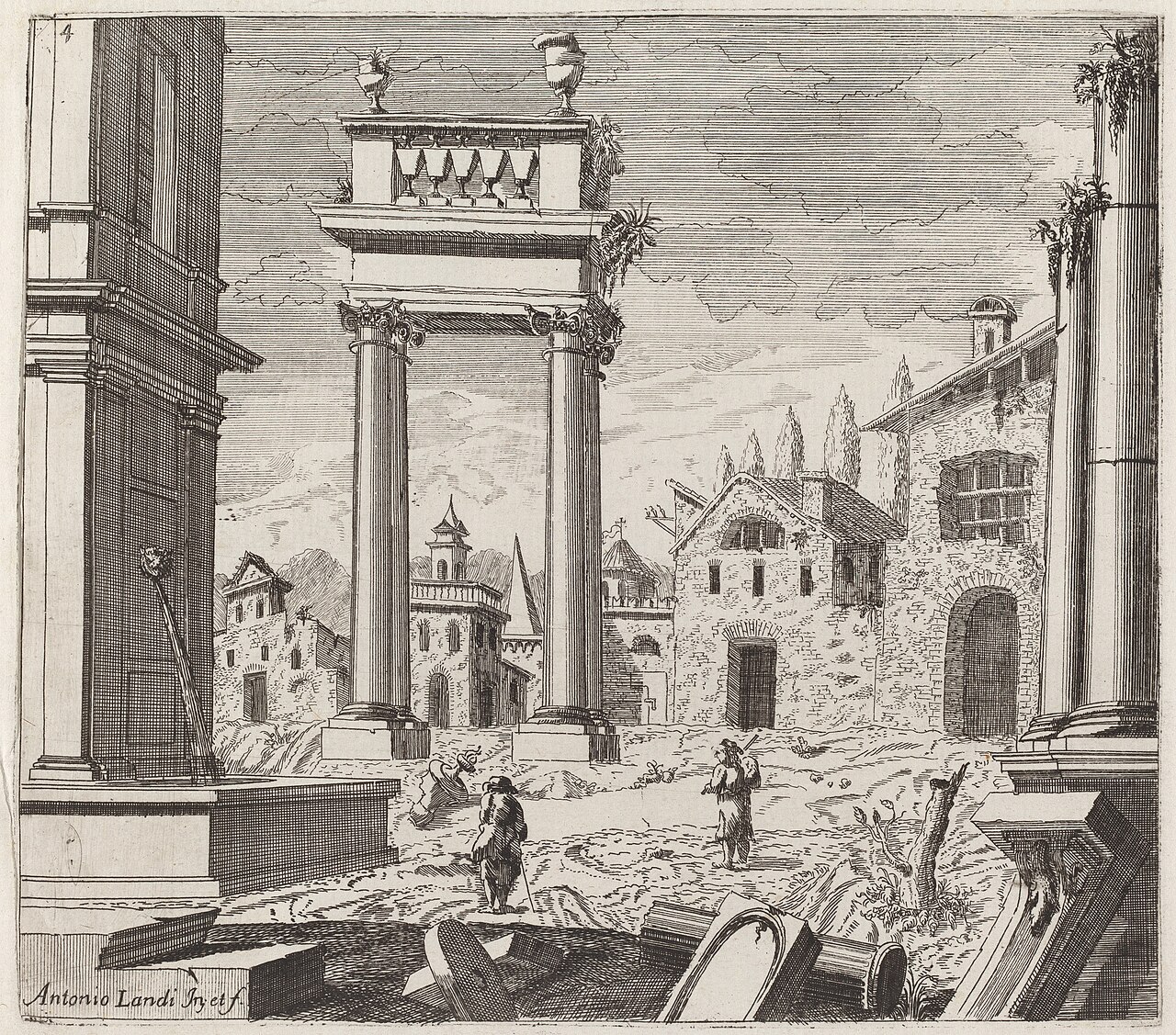 Architectural Fantasy with Classical Ruins and Vernacular Buildings by Giuseppe Antonio Landi
