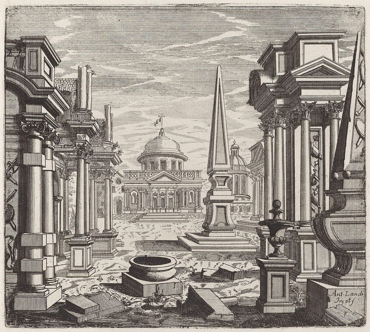 Architectural Fantasy with Obelisks, Ruins, and a Piazza by Giuseppe Antonio Landi