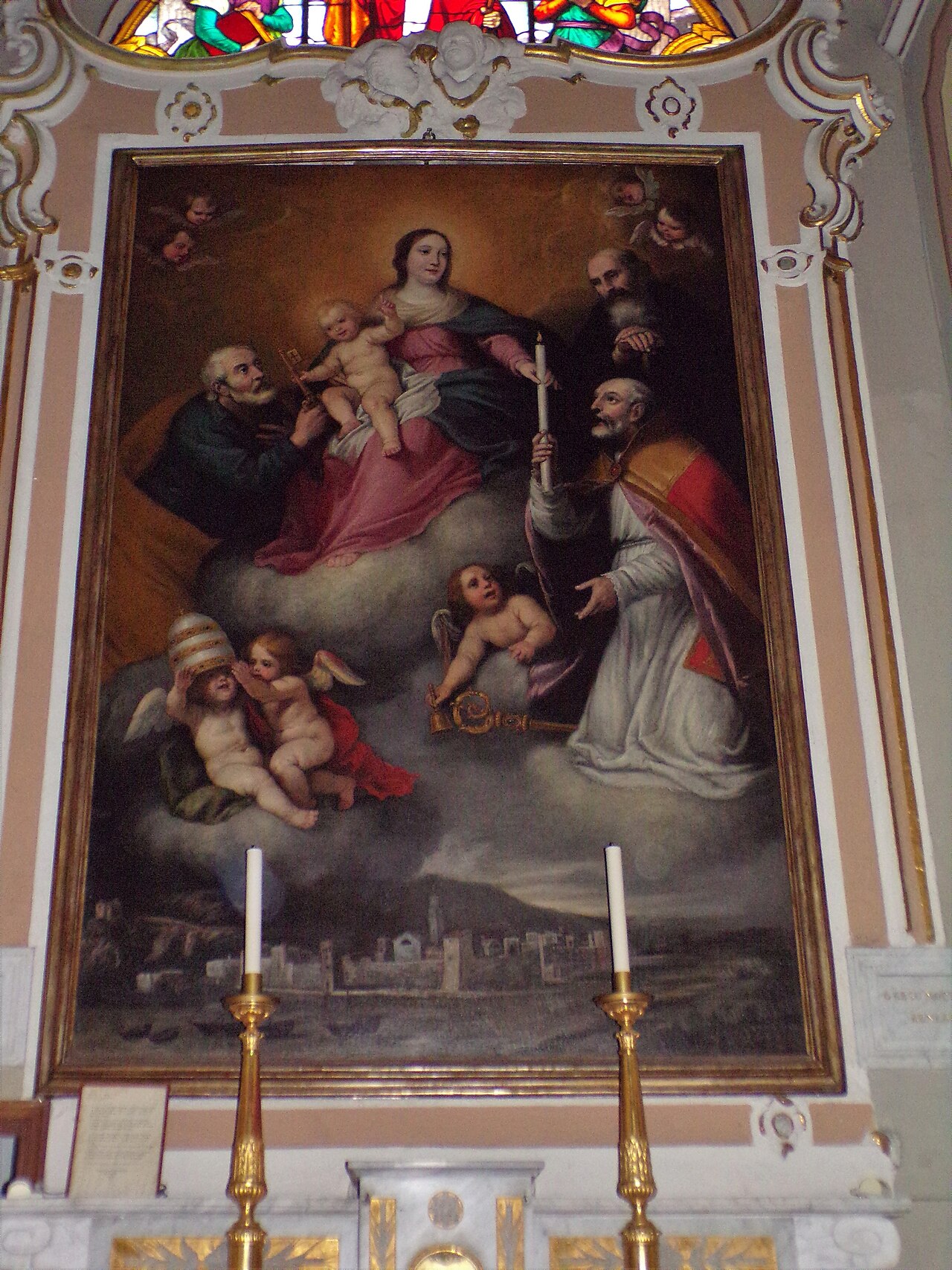 Madonna and Child with Saints Peter, Erasmus and Anthony the Great protect Borghetto Santo Spirito by Giuseppe Badaracco