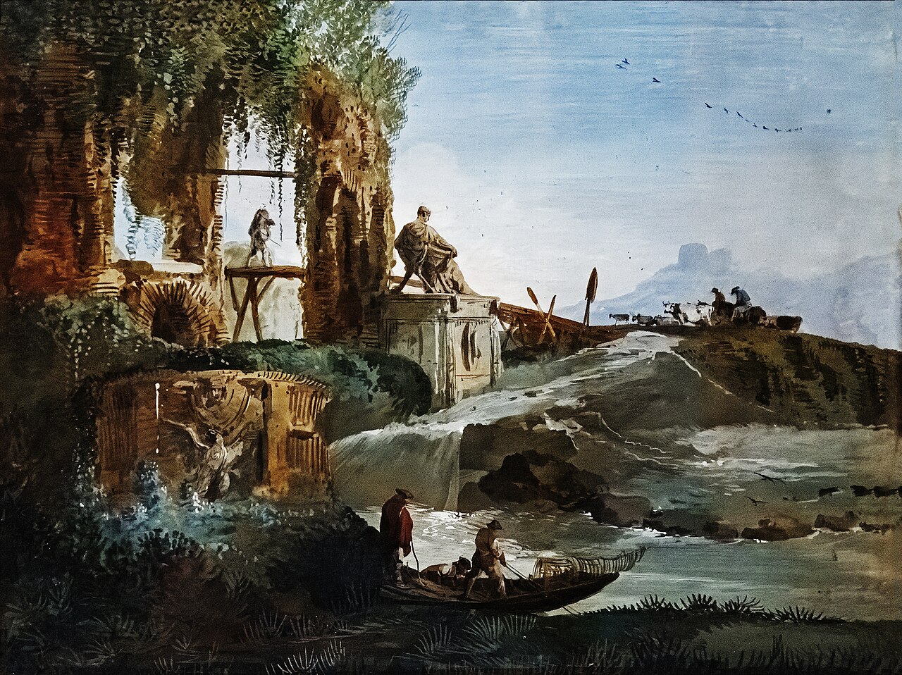 Landscape with waterfall and ancient monument by Giuseppe Bernardino Bison
