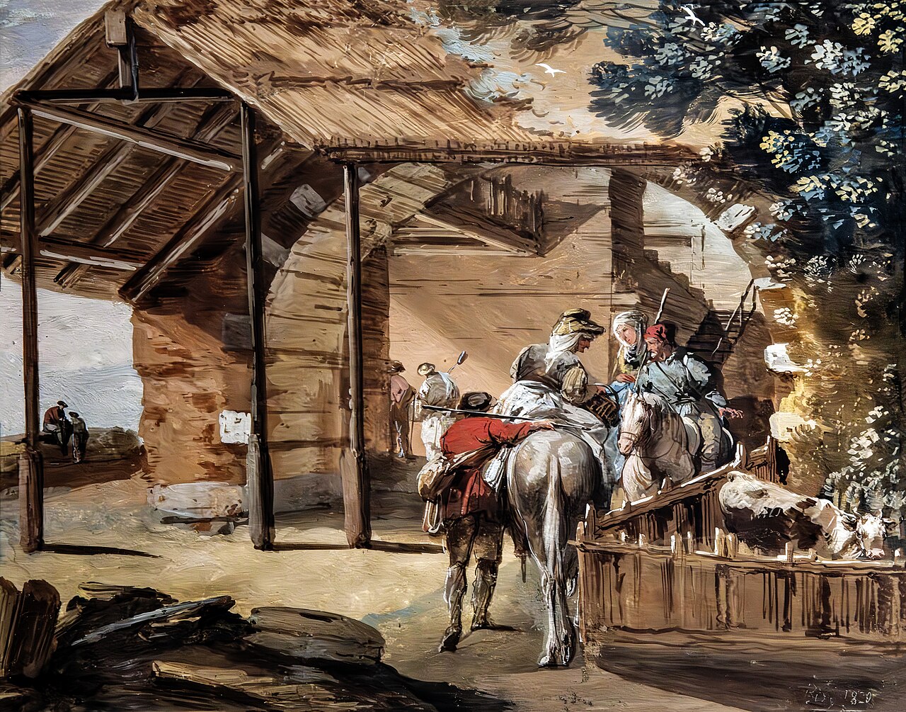 Scene with women on horseback in a cottage by Giuseppe Bernardino Bison