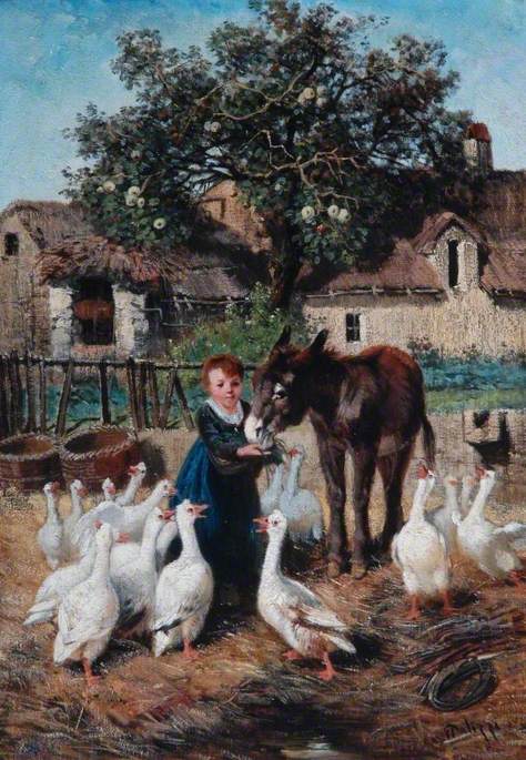 A Child Feeding a Donkey in a Farmyard by Giuseppe Palizzi