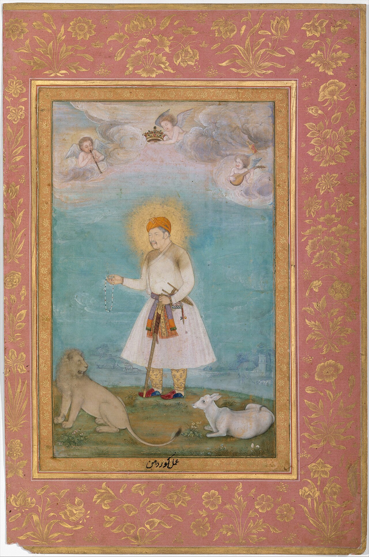 "Akbar With Lion and Calf", Folio from the Shah Jahan Album by Govardhan