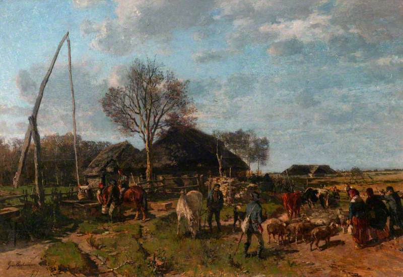 Farm Buildings with Figures, Sheep and Cattle by Gregor von Bochmann
