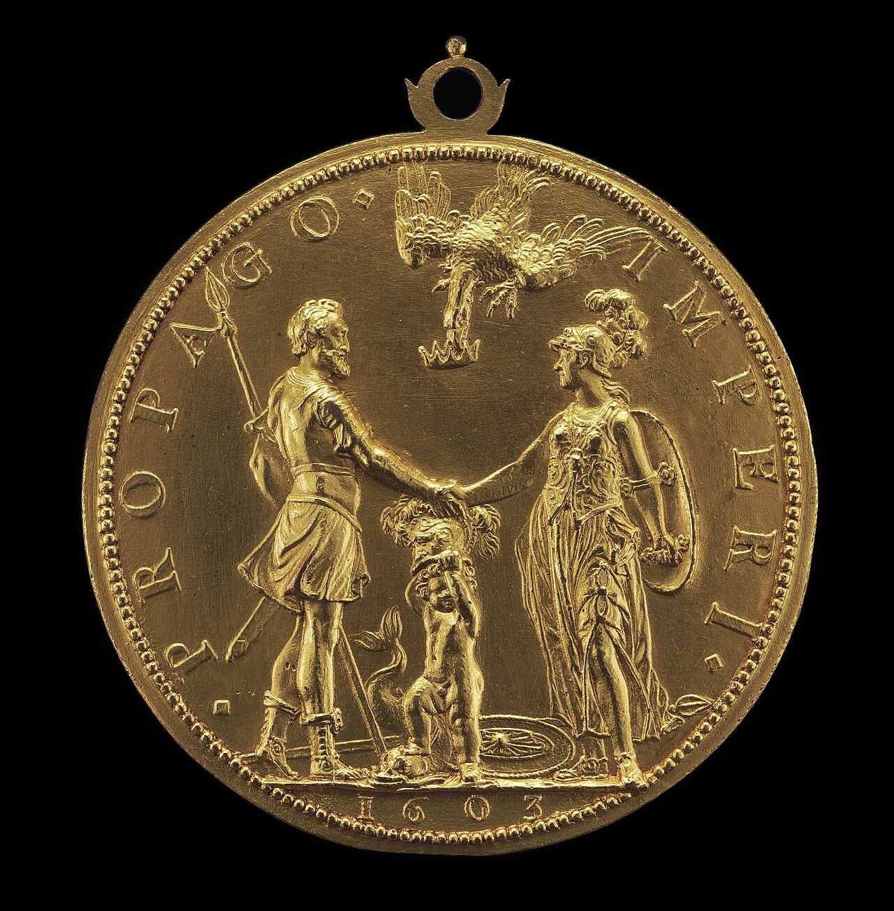 Louis XIII as Dauphin between Henri IV as Mars and Marie as Pallas Athena [reverse] by Guillaume Dupré