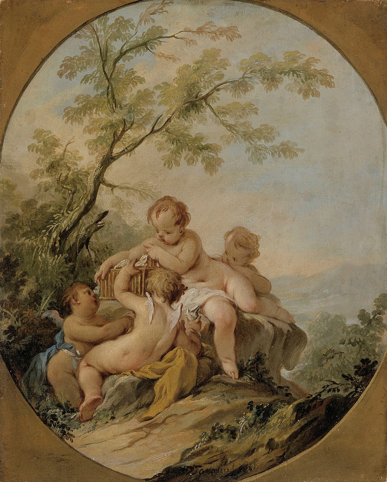 Four amorins playing with a birdcage by Guillaume Taraval