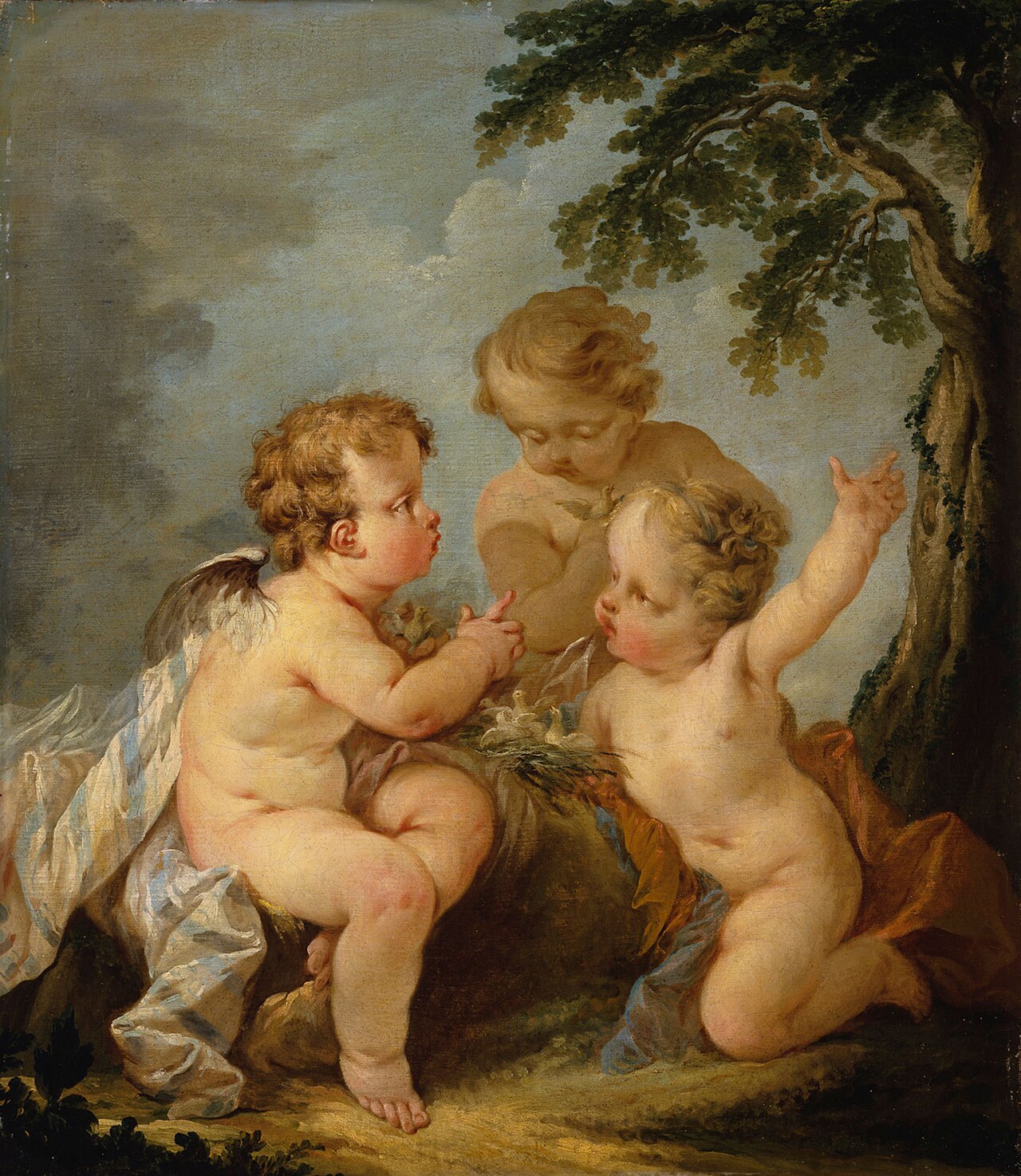 Three amorins playing with a bird's nest by Guillaume Taraval