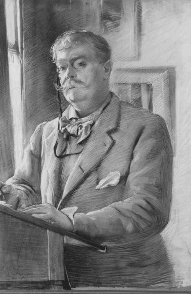 Portrait of Camille Lemonnier at his desk by Guillaume Van Strydonck