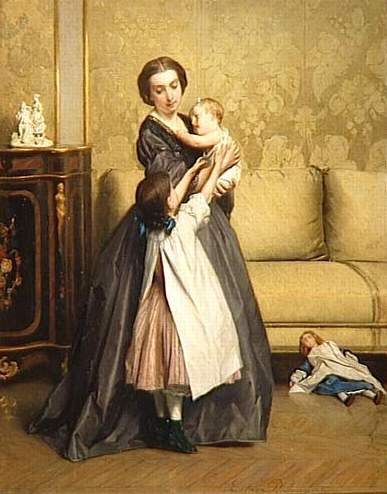Young mother and her children in a living room by Gustave Léonard de Jonghe