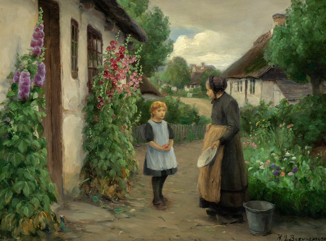 A summer day in the village with a little girl and an elderly woman. by H. A. Brendekilde