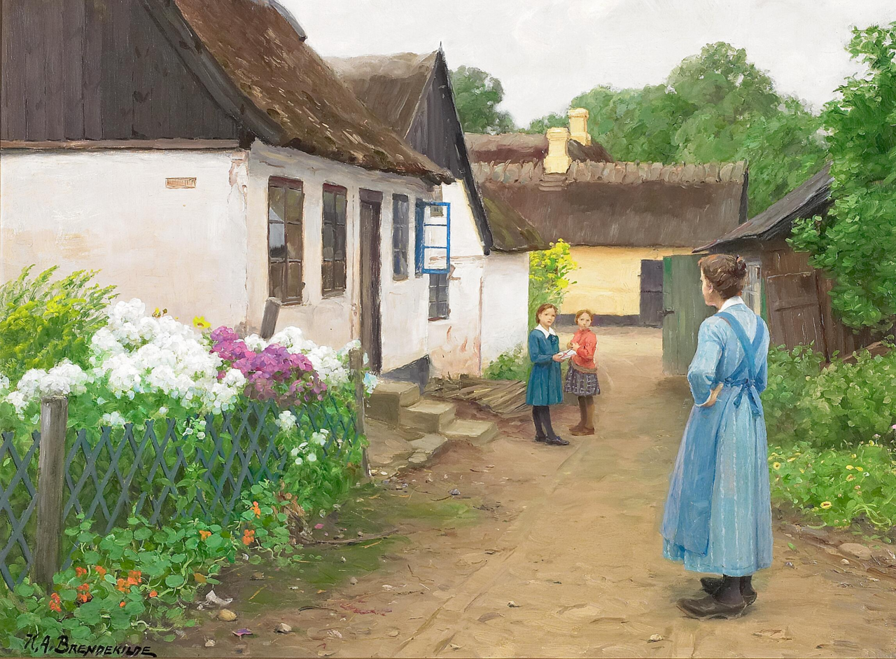 A woman and some children in a small village street. by H. A. Brendekilde