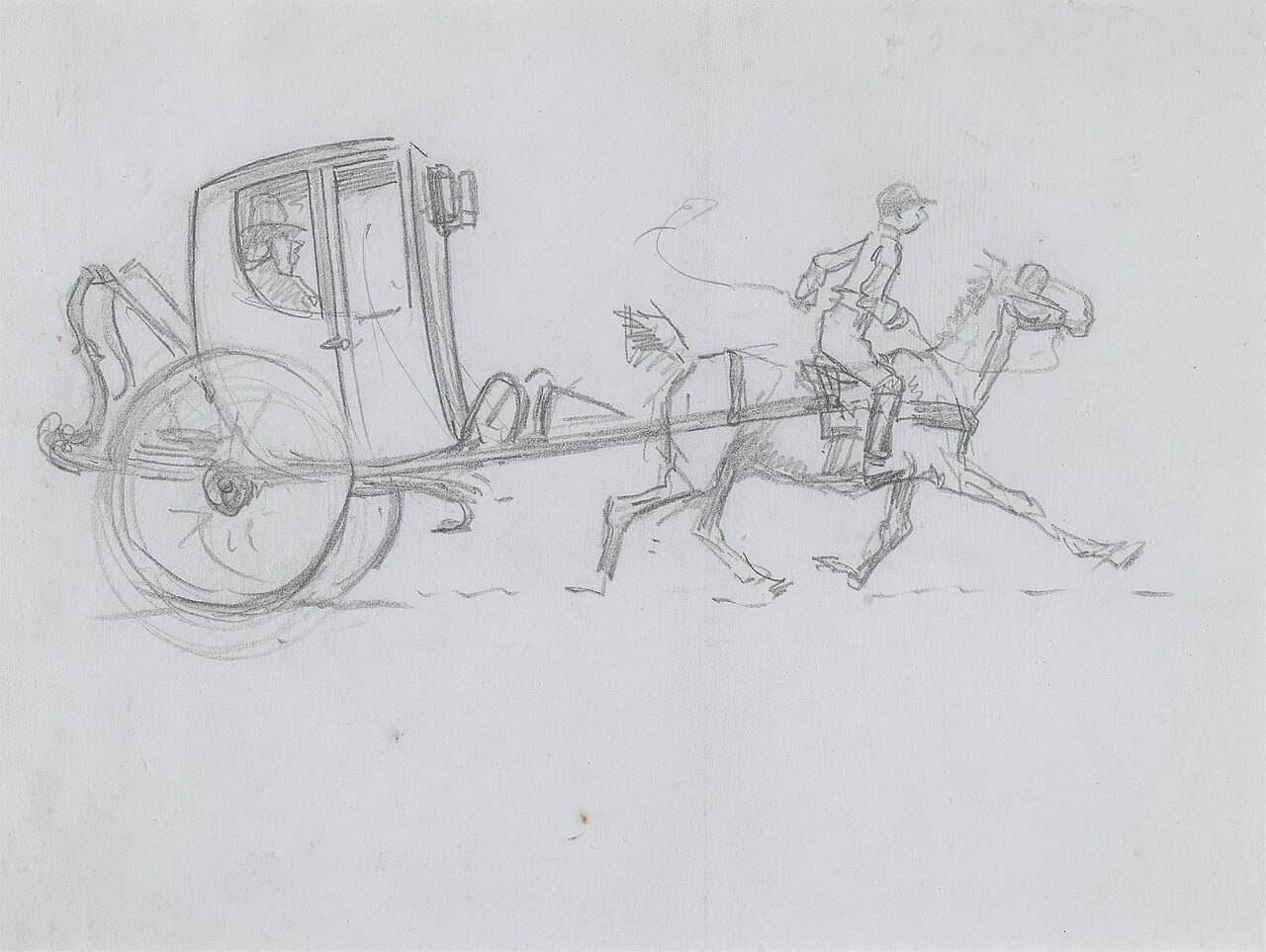 A Man in an enclosed Carriage being pulled by a Horse with a Rider by Hablot Knight Browne