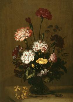 Flowers in a glass vase by Hans Bollongier