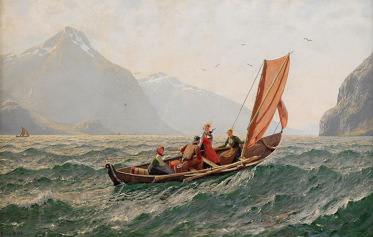 Fjord with sailing boat by Hans Dahl