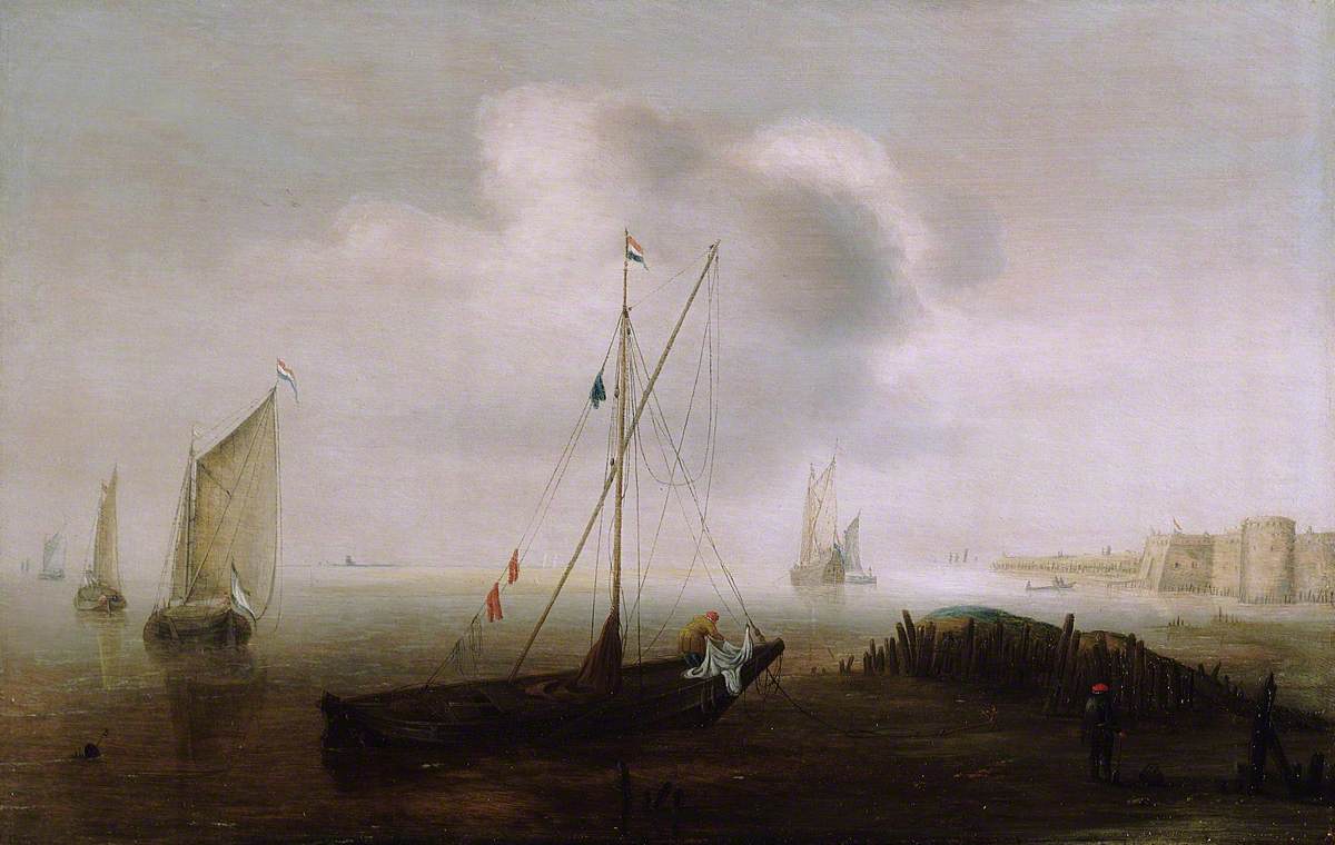 A Fishing Boat with Sail Lowered Near the Shore by Hans Goderis