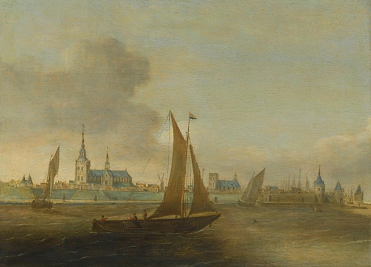 Ships off the coast near a town by Hans Goderis