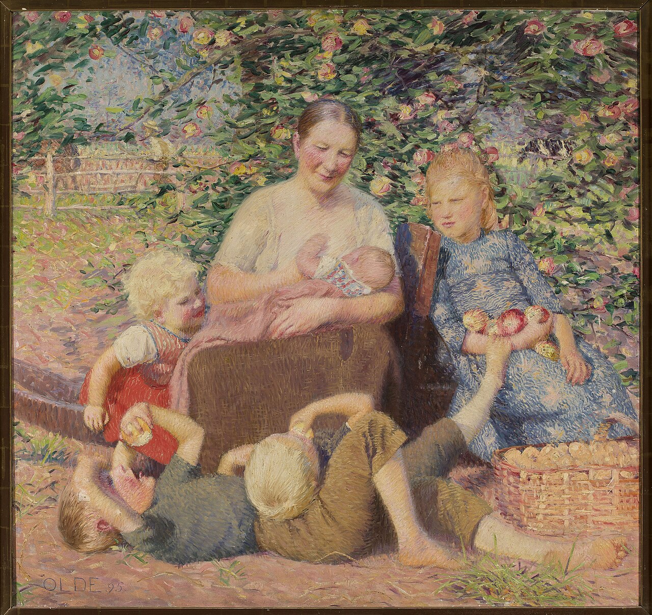 Woman with children under the apple tree (Motherhood). by Hans Olde