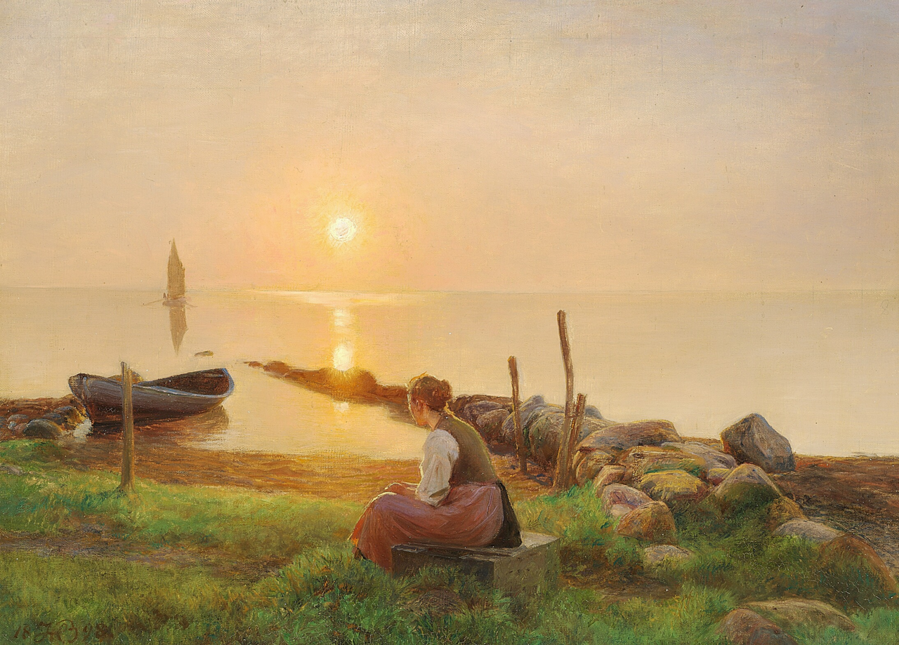 A young woman watches the sun set over an inlet. by Hans Ole Brasen