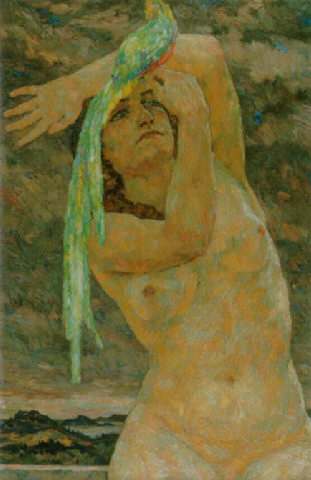 Female nude with parrot by Hans Unger