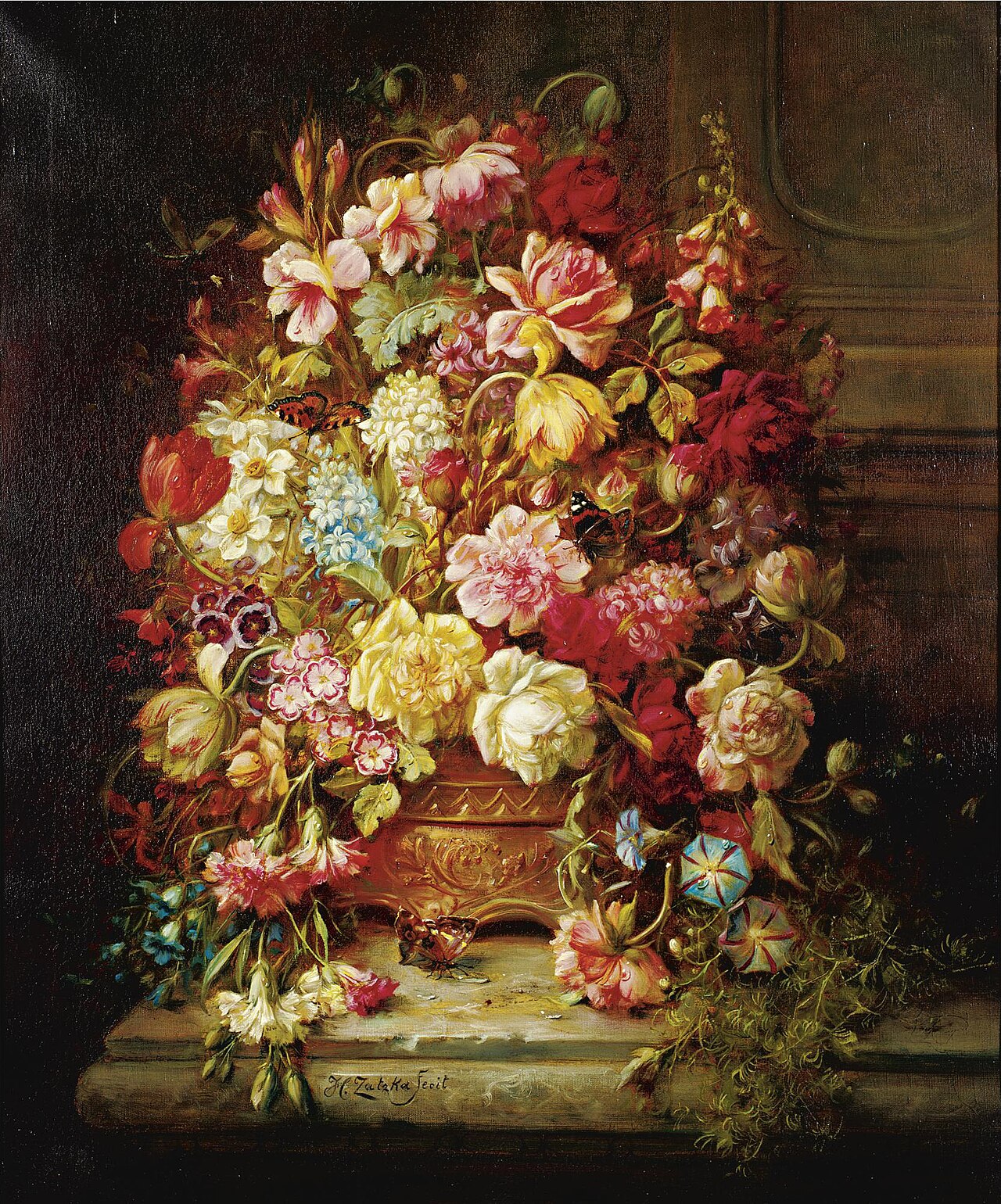 A still life with flowers in a jardiniere resting on a ledge by Hans Zatzka