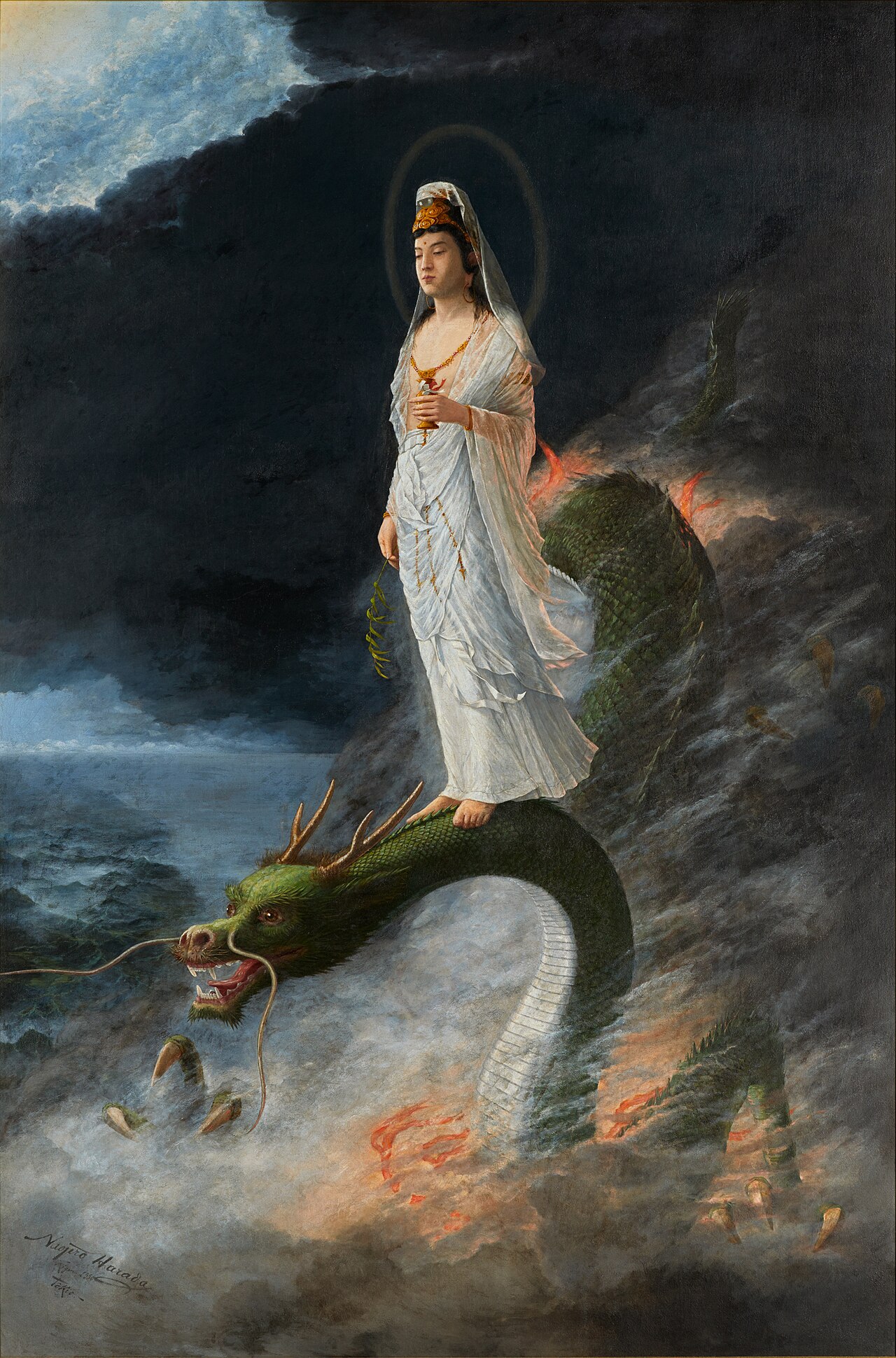 Guanyin riding the dragon by Harada Naojirō