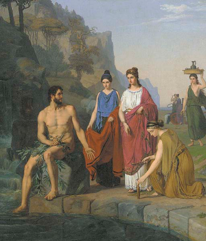 Nausikaa and her maids bringing clothes to the shipwrecked Odysseus. by Heinrich Eddelien