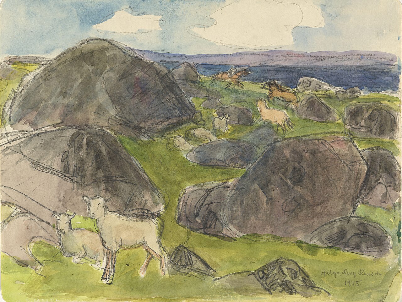 Mountain Landscape with Sheep and Horses by Helga Marie Ring Reusch