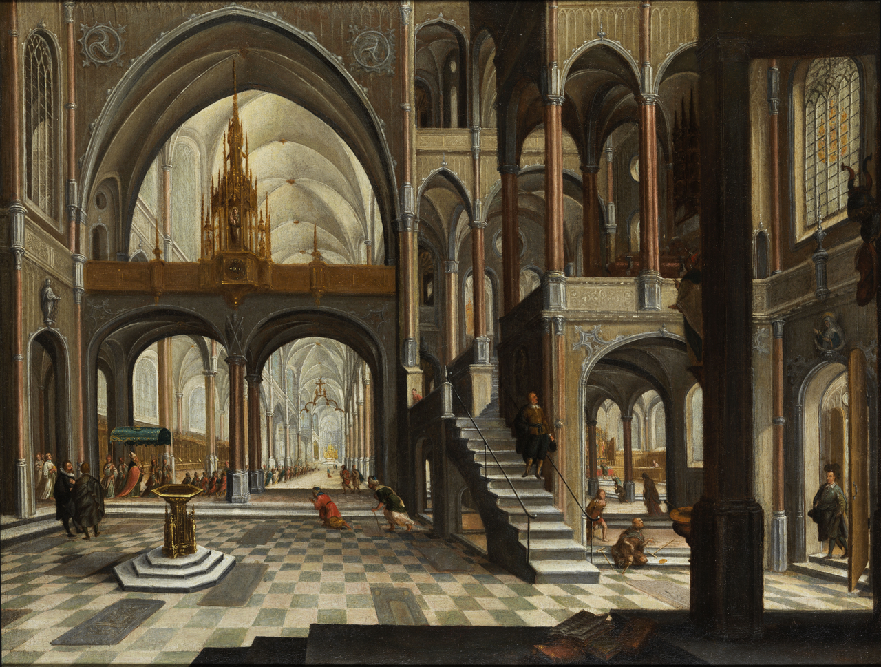 Interior of a Gothic church with staffage by Hendrick Aerts