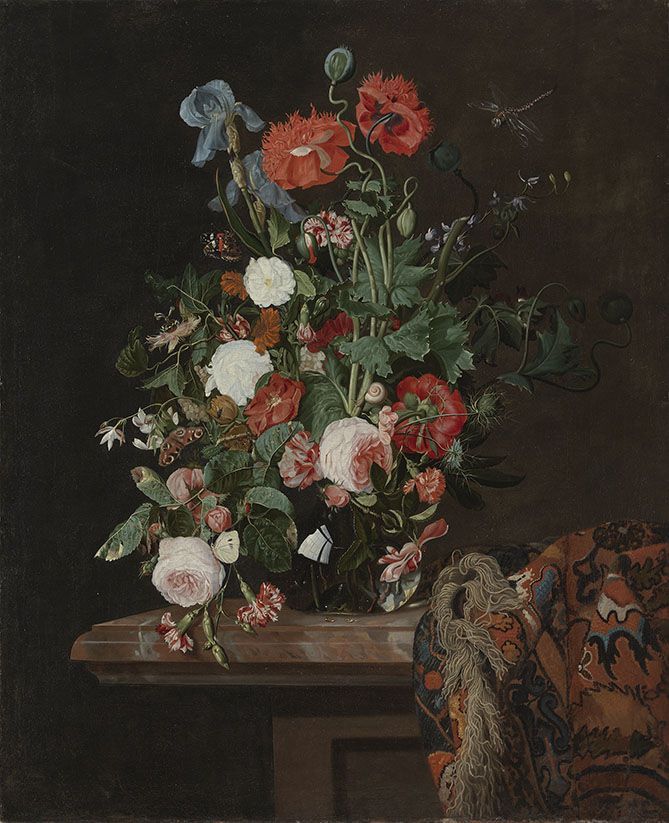 Flower still-life with oriental table carpet by Hendrick Fromantiou