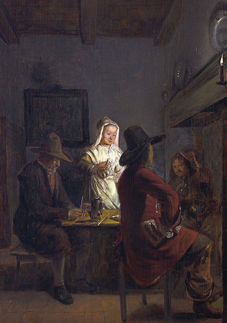 Interior with three men and a maidservant before a hearth by Hendrick van der Burgh