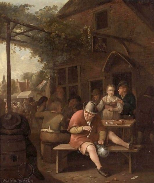 Figures Smoking And Drinking-Outside An Inn by Hendrik Carré