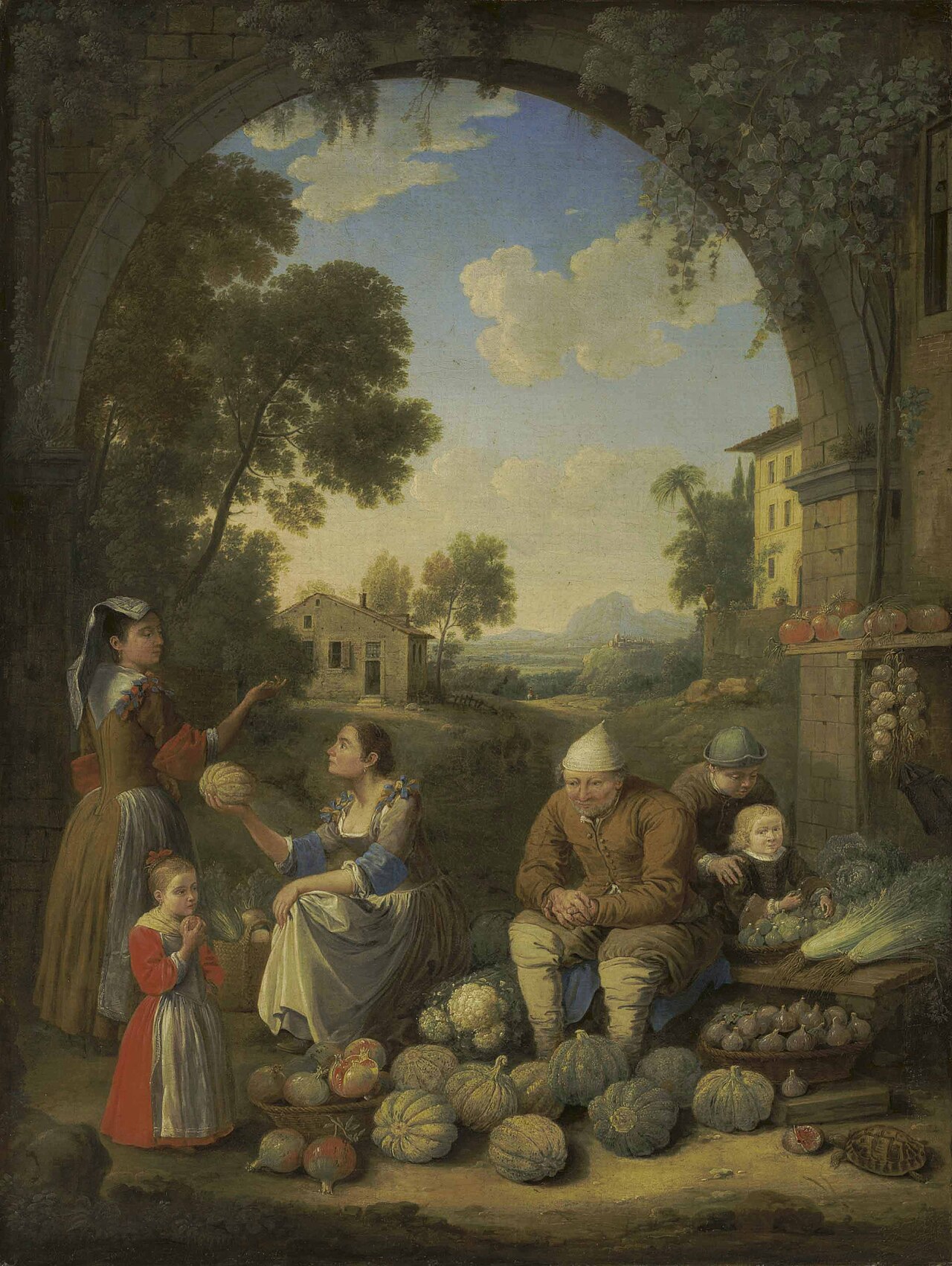 A lady with children visiting a village vegetable stand by Hendrik Frans van Lint
