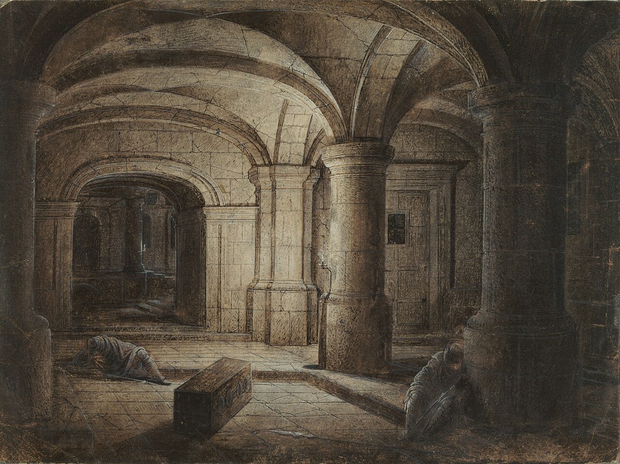 The Crypt of a Church with Two Men Sleeping by Hendrik van Steenwijk II